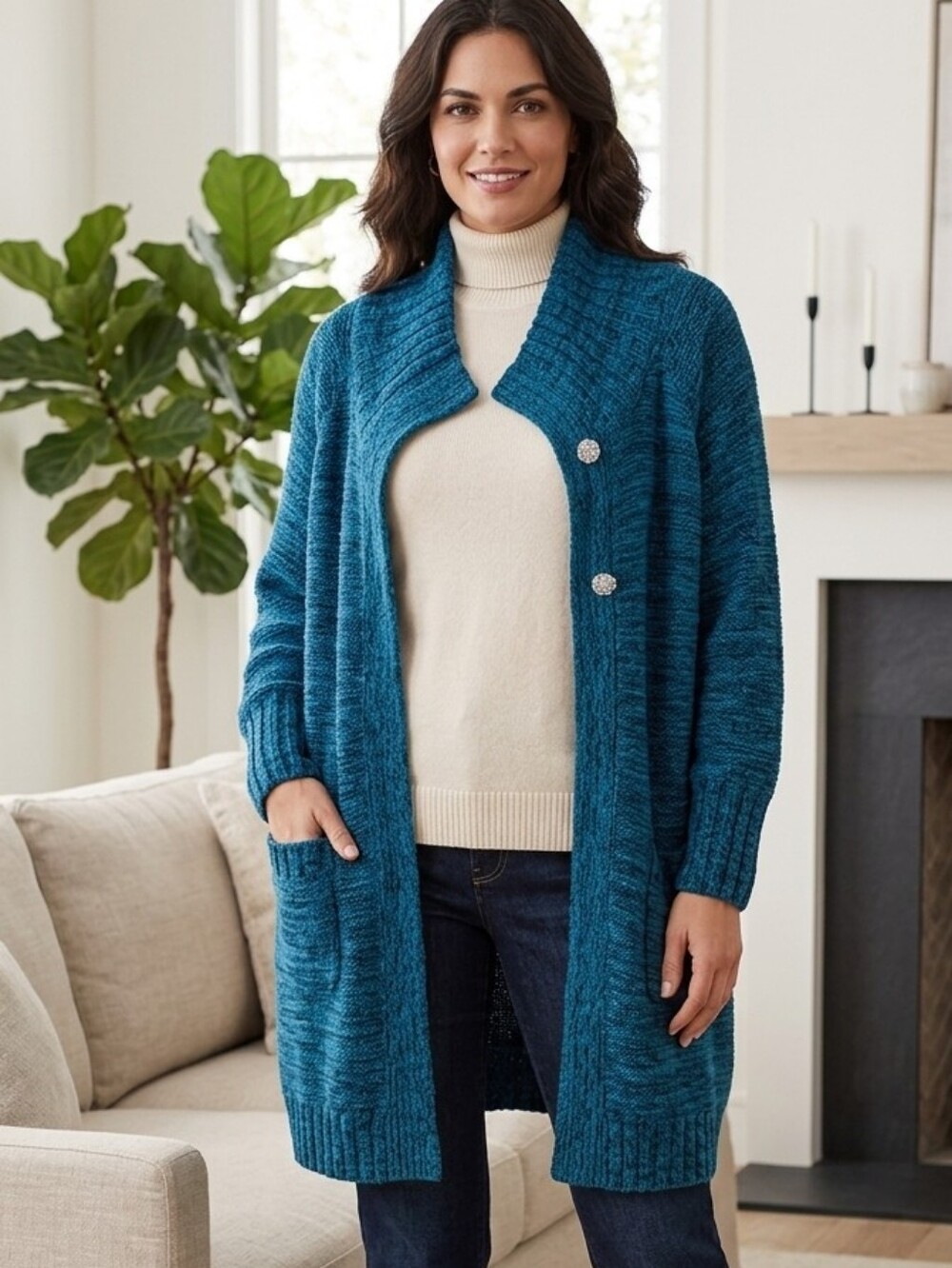 New York & Company Teal Blue Marled Knit Button Front Duster Cardigan XL